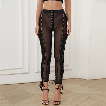 [Shesrim] Секси черни мрежести панталони с прозрачна шнуре с куки и прилепнали панталони с висока талия